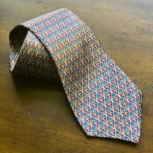Vtg Countess Mara Arabesque Pattern Blue Green Red Silk Printed Necktie Tie USA